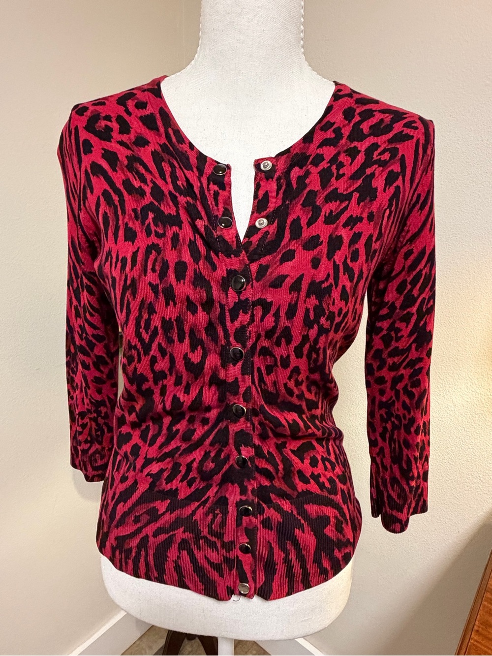 White House Black Market Red Pink and Black Leopard Button-Front Top